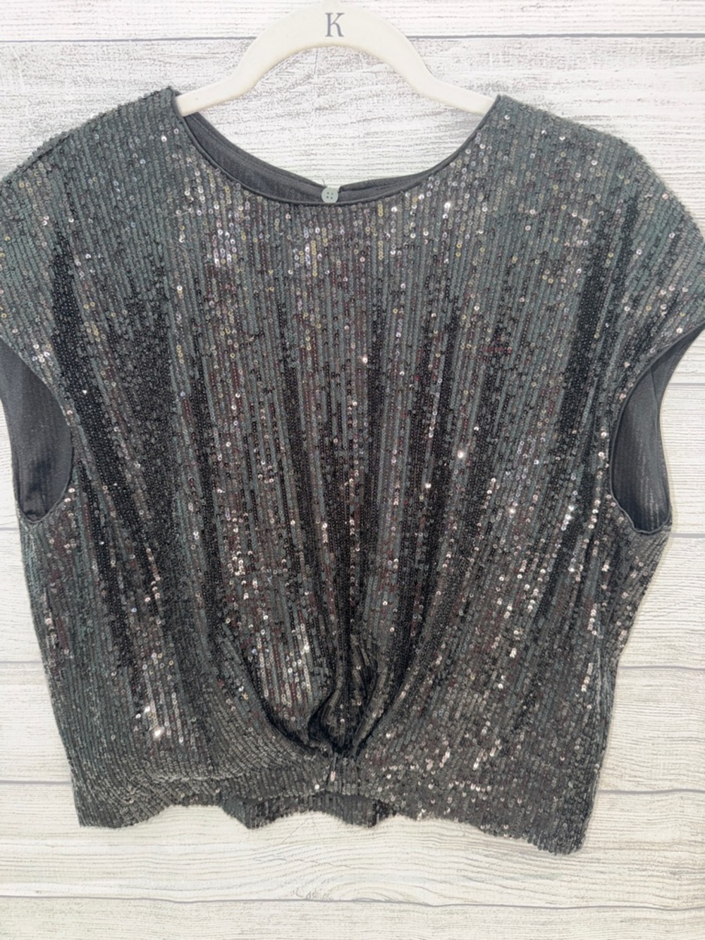 LOFT Charcoal Sequin Cropped Knit Top